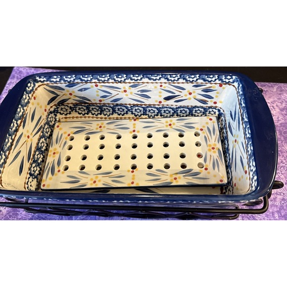 Temptations Old World Blue 1.75 Qt Loaf Pan Baking Dish Dripping Tray Wire Rack - Picture 3 of 7